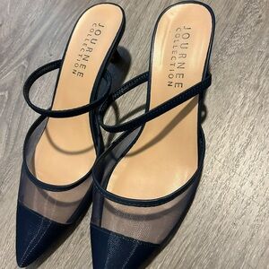 Journee Collection Black Pointed-Toe Mesh Kitten Heel Mules